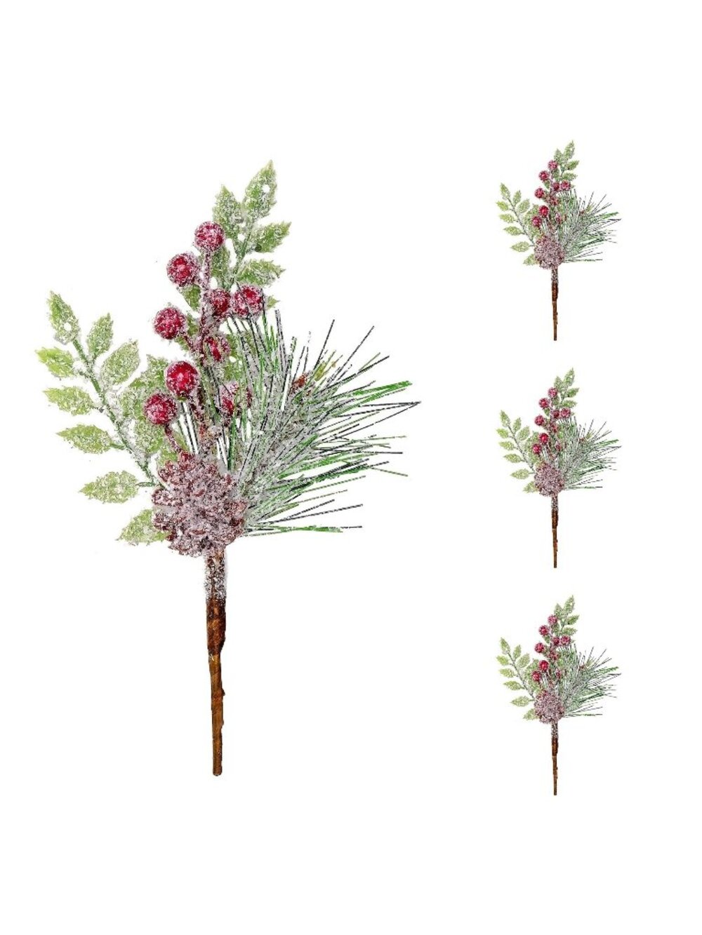 Snow Flocked Artificial Berry Picks with Faux Pinecones, Set of 4, 10 Inch Chris